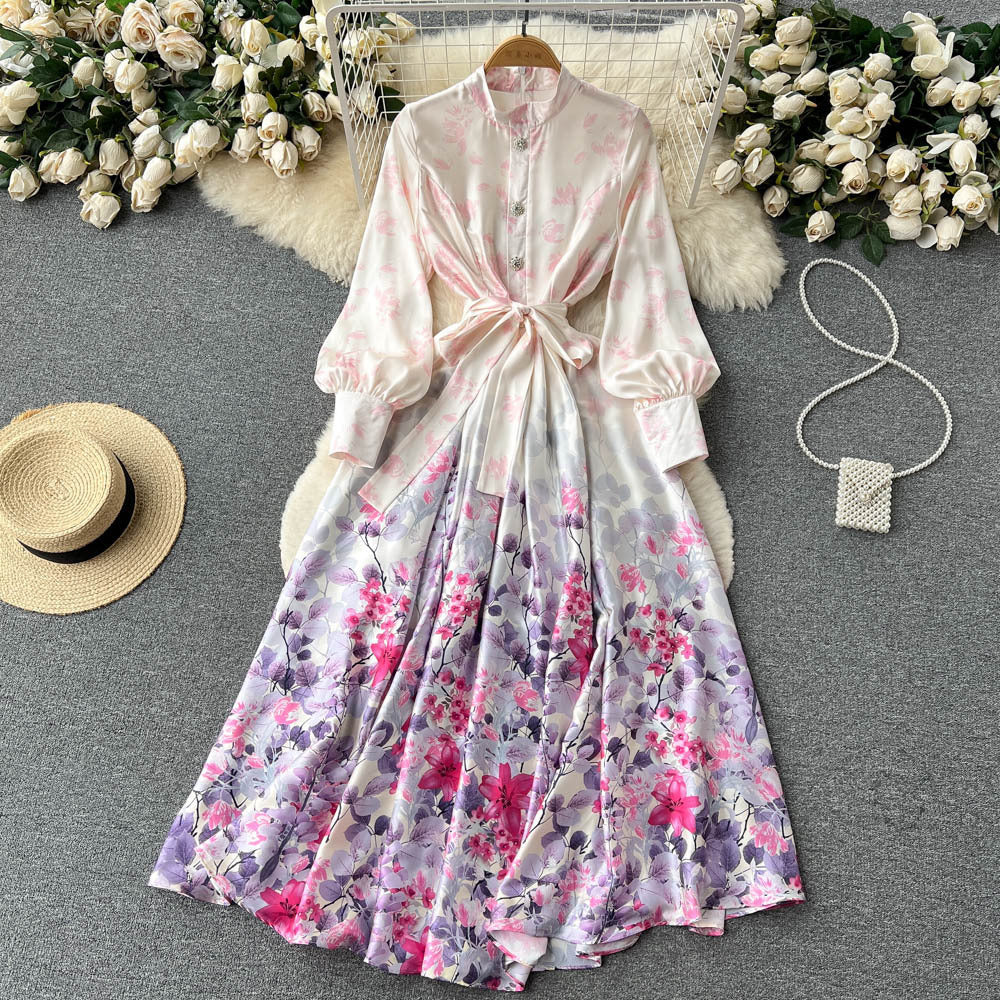 Stand Collar Stitching Floral Chiffon Dress