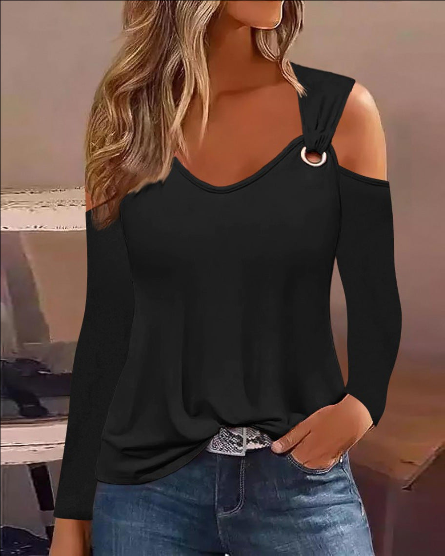 Simple Metal Buckle V-Neck Long Sleeve Shirt Polyester