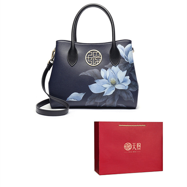 Women's Stylish Cow Leather Handbag with Floral Design and Zipper Closure