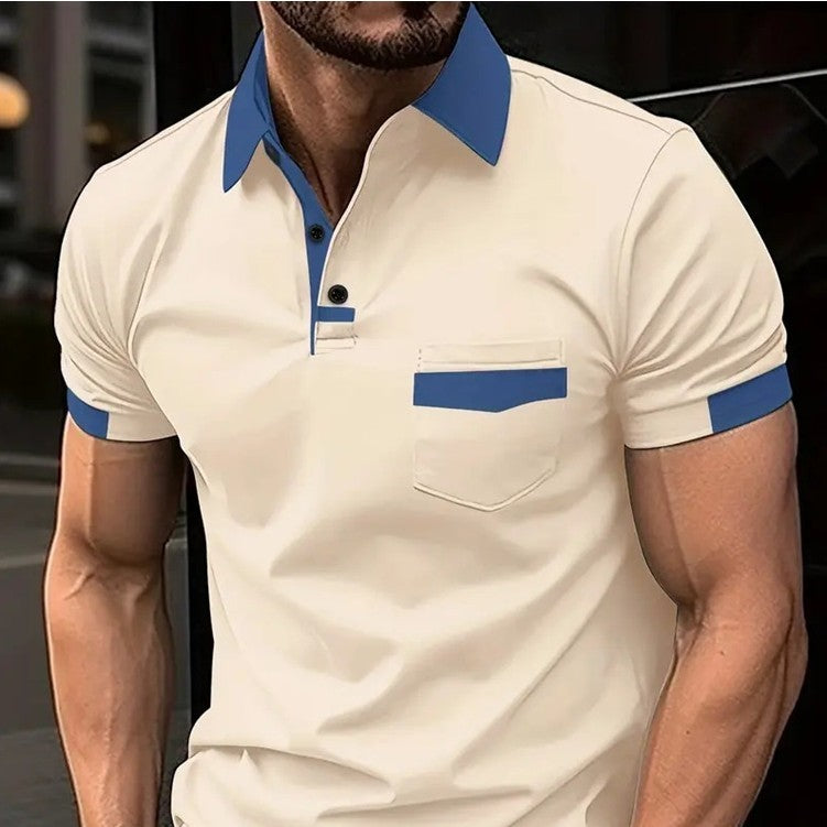 Men's Color Matching Pocket Polo Shirt with Zipper Detail