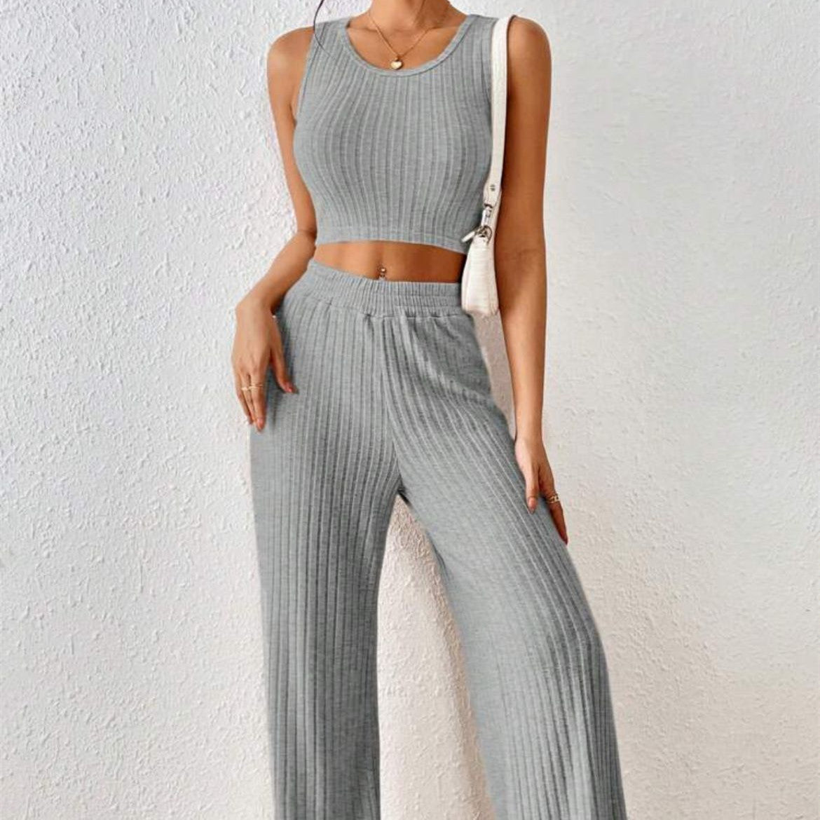 Knitted Vest and High Waist Trousers Suit for Women