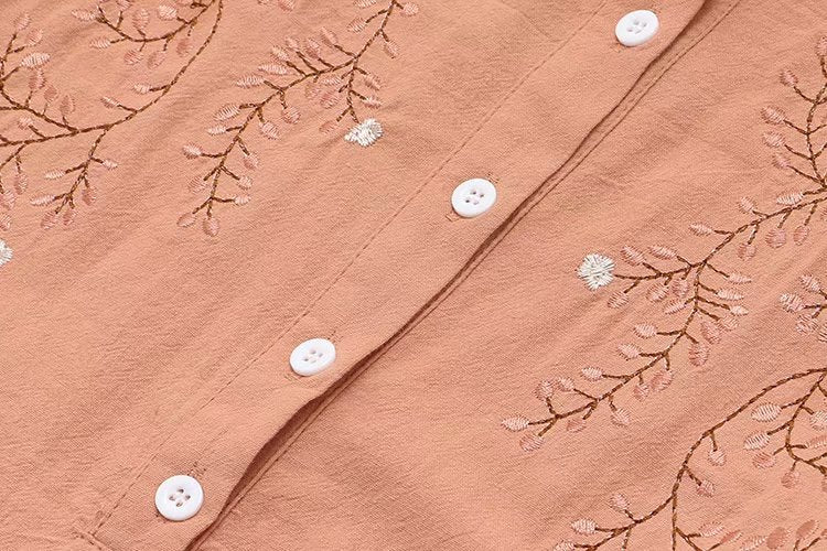 Women's Loose Long-Sleeve Cotton Embroidered Stand-Collar Shirt