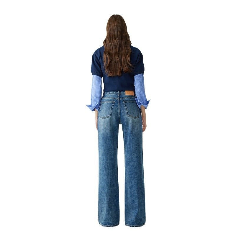 Women's Autumn High Waist Dark Gray-Blue Stretch Straight Jeans