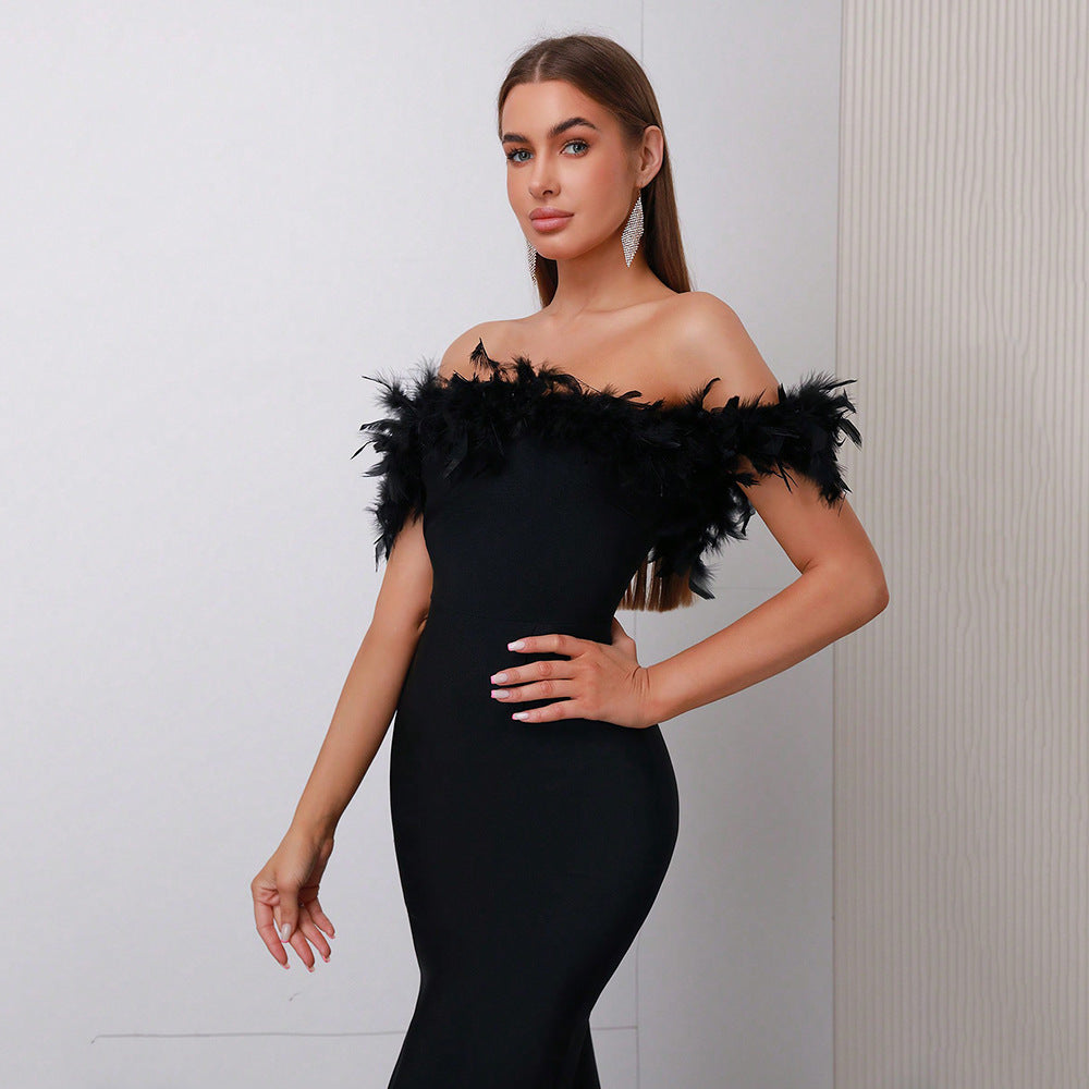 Off-Neck Feather Mid-Length Dress for Women