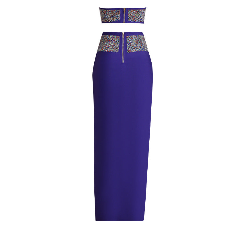 Fashion Women's Purple Bandage Two-Piece Tube Top Dress Set Western Style