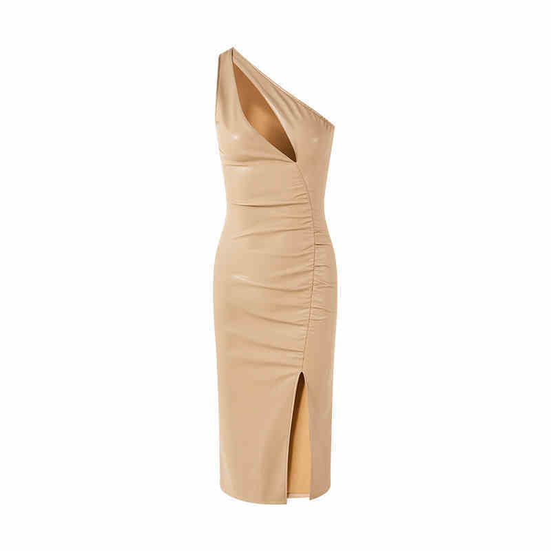 One Shoulder Irregular Pleated Side Slit Leather Skirt Dress