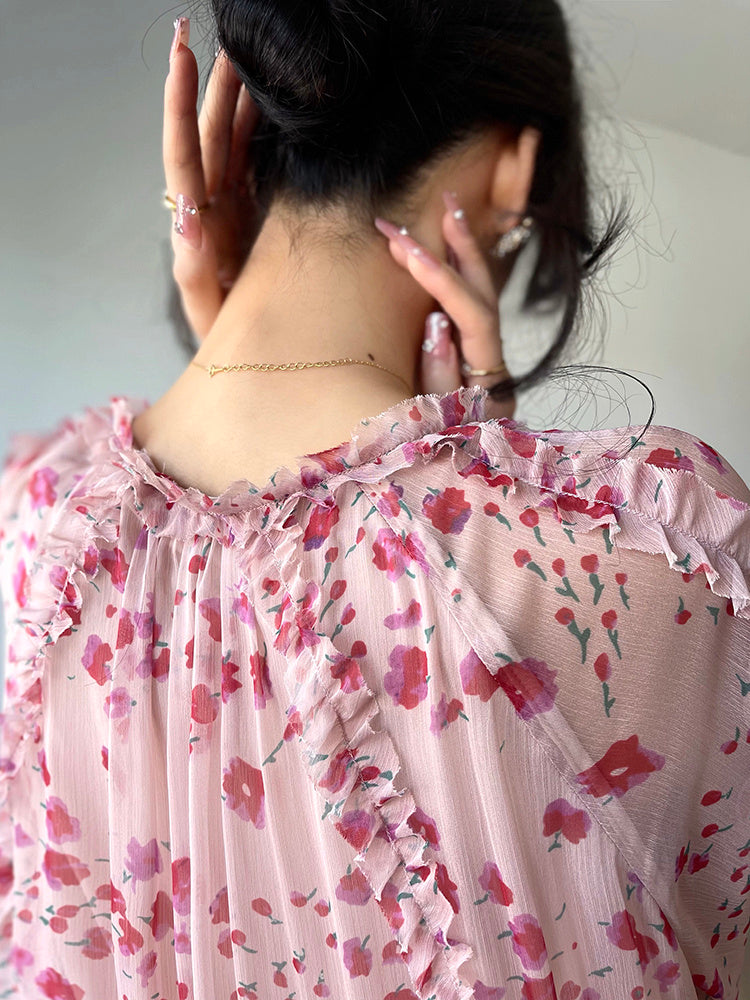 Gentle Puff Sleeve Floral Tea Break Dress