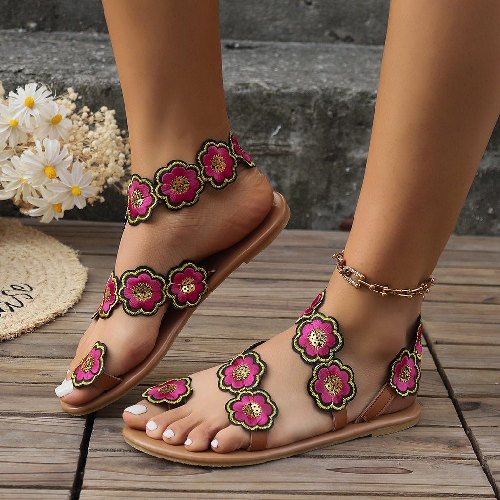 Ethnic Style Flower Flat Sandals Casual Clip Toe Beach Shoes for Women