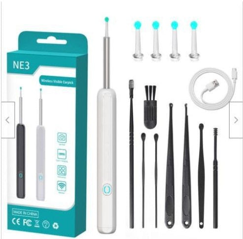 Oreillette endoscopique NE3 sans fil avec caméra et lumière LED, kit de nettoyage de cérumen pour iPhone