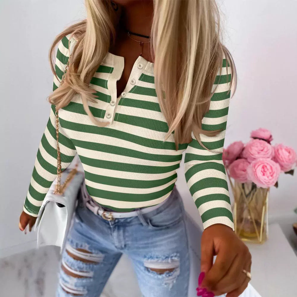Women's Long Sleeve Sunken Stripe Contrast Top