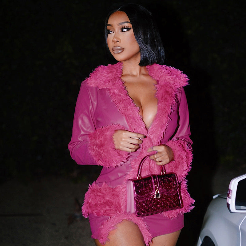 Leather Fur Collar Cardigan Tight Skirt Outfit Women