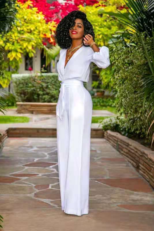 White V-Neck Long Sleeve Lace-Up Jumpsuit for Women