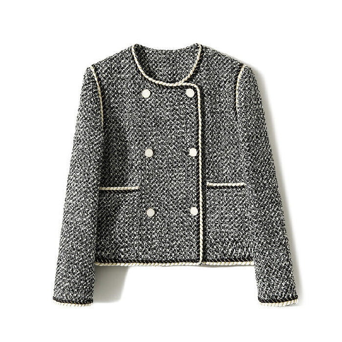 Double Breasted Tweed Western Style Short Coat for Women, Black & White, S-2XL