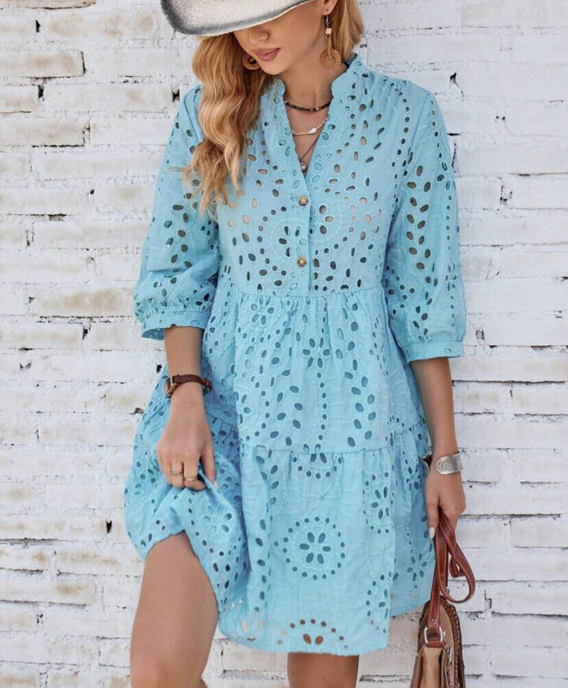 Women's Solid Color Button Dress in Lace Fabric