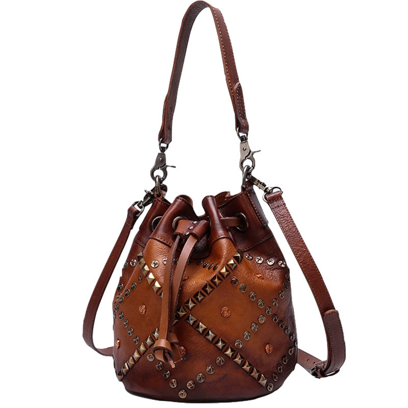 Rivet Decorative Cowhide Leather Bucket Bag 24x21cm Retro Leisure