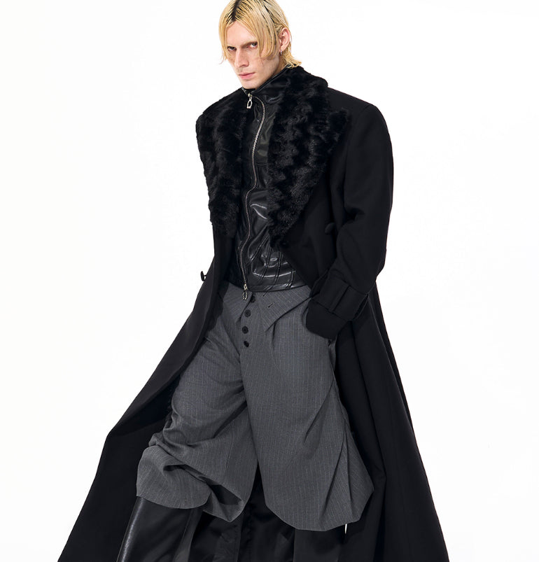 Noble Stitched Lapel Long Trench Coat Blazer in Black