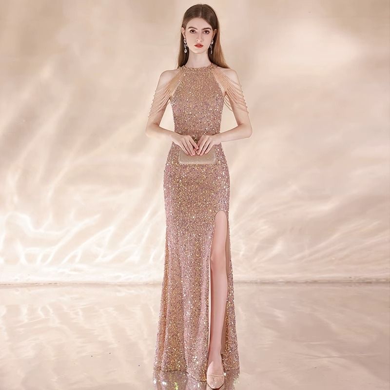 Robe de soirée haut de gamme en dentelle abricot pour femme