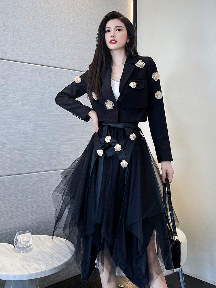 Two-Piece Black Women's Skirt Suit with V-Neck Coat and Irregular Puff Skirt, Sizes S-XL