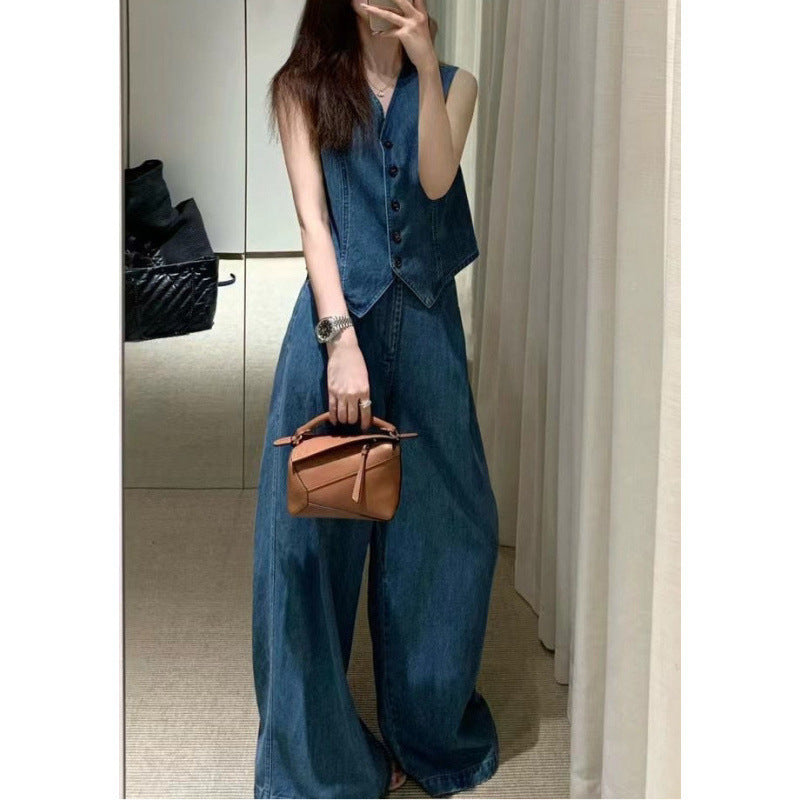 Blue Sleeveless Vest & Wide-Leg Pants Set for Women