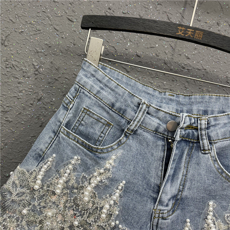 Beaded Western Style Light Blue Denim Shorts for Women