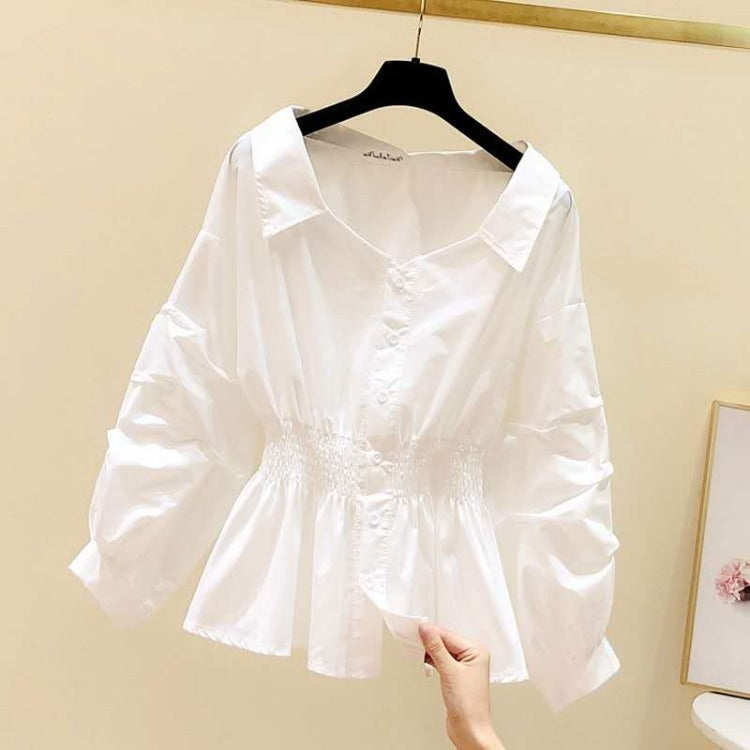 Western Style Puff Sleeve White Shirt Top for Women