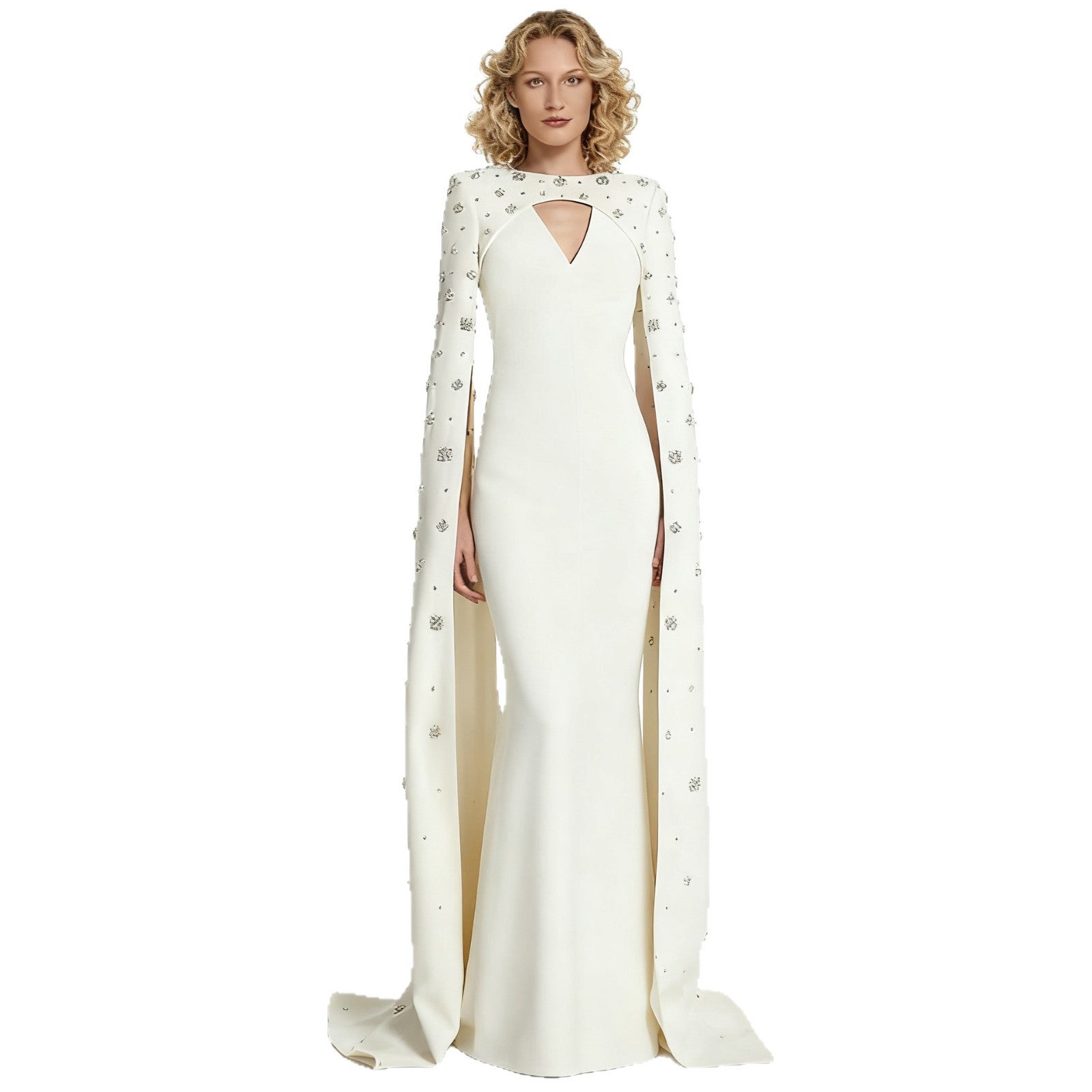 Diamond-Encrusted Beaded Off-Shoulder Long Dress