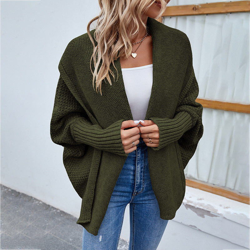 Loose Knit Solid Color Bat Sleeve Large Lapel Cardigan Sweater for Women Autumn Winter Jacket
