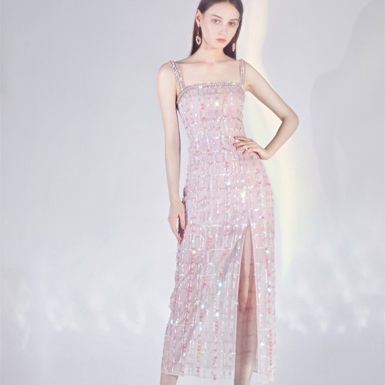 Women's Light Pink Sleeveless Suspender Evening Dress Polyester