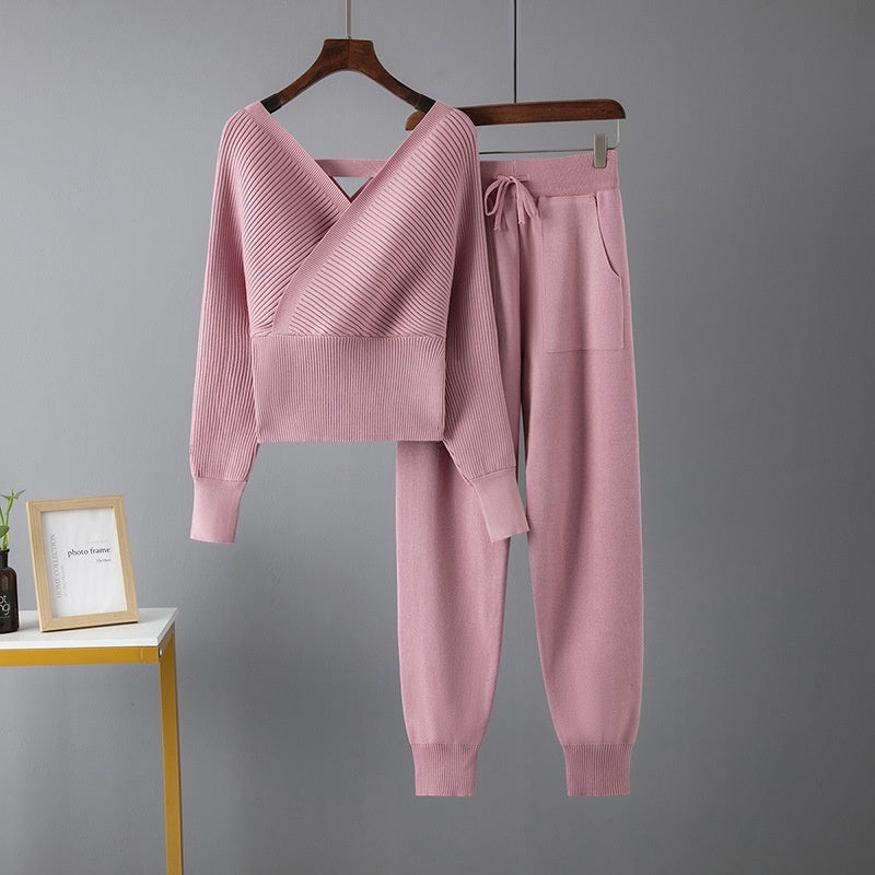 Sexy V-Neck Sweater and Casual Sports Pants Two-Piece Set for Women