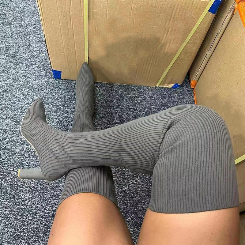 Bottes d'hiver cuissardes à talons hauts et bout pointu en maille extensible pour femme