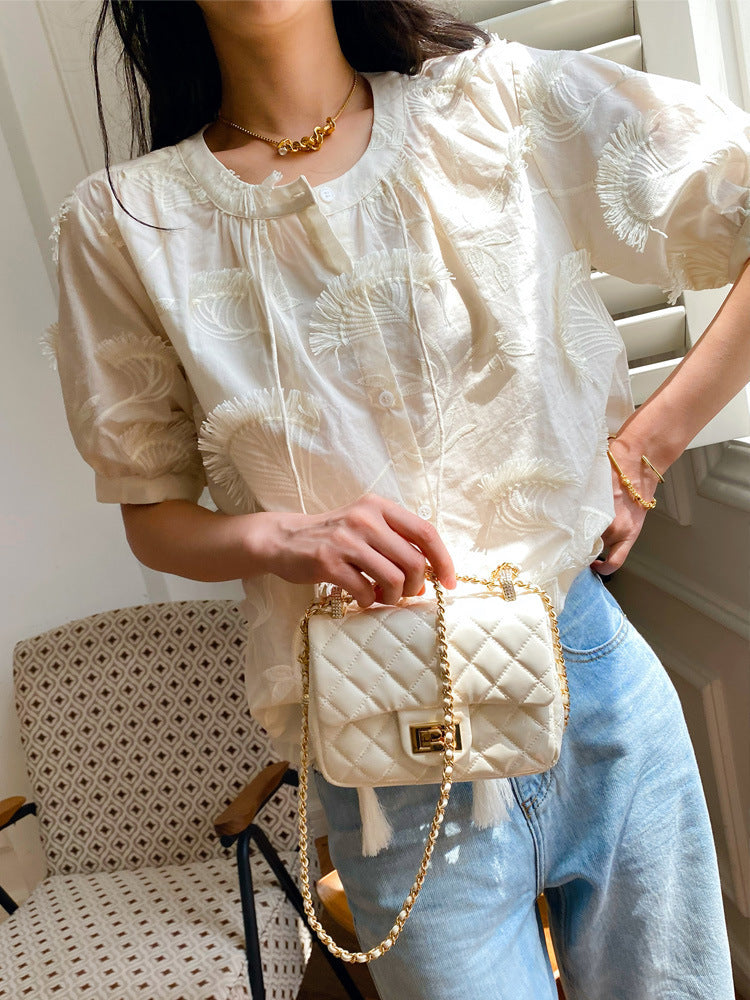 Women's Apricot Cotton Short Sleeve Embroidered Shirt French Style