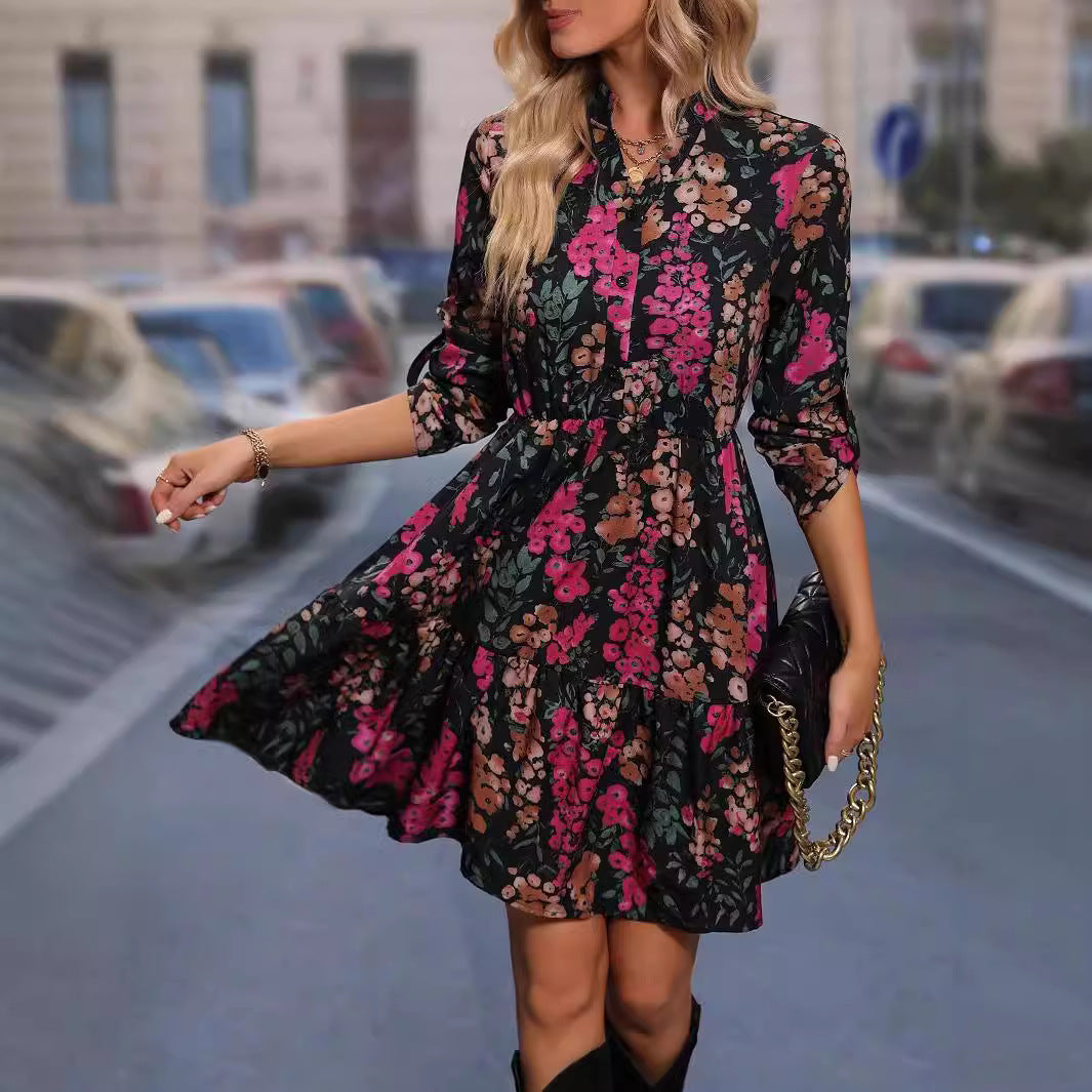 Elegant Black Printed Pullover Shirt Dress for Women