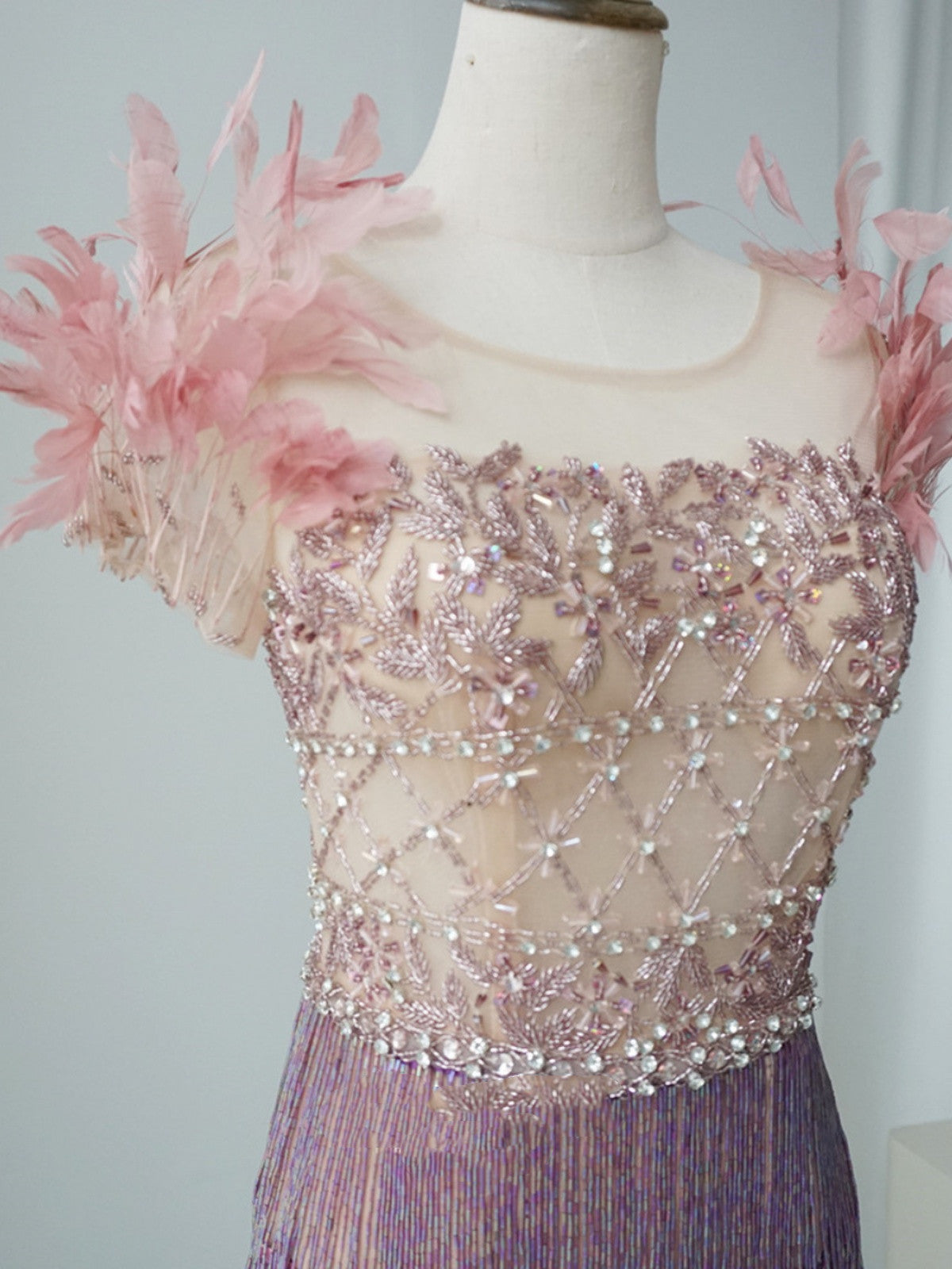 New Feather Mid Length Crystal Evening Dress