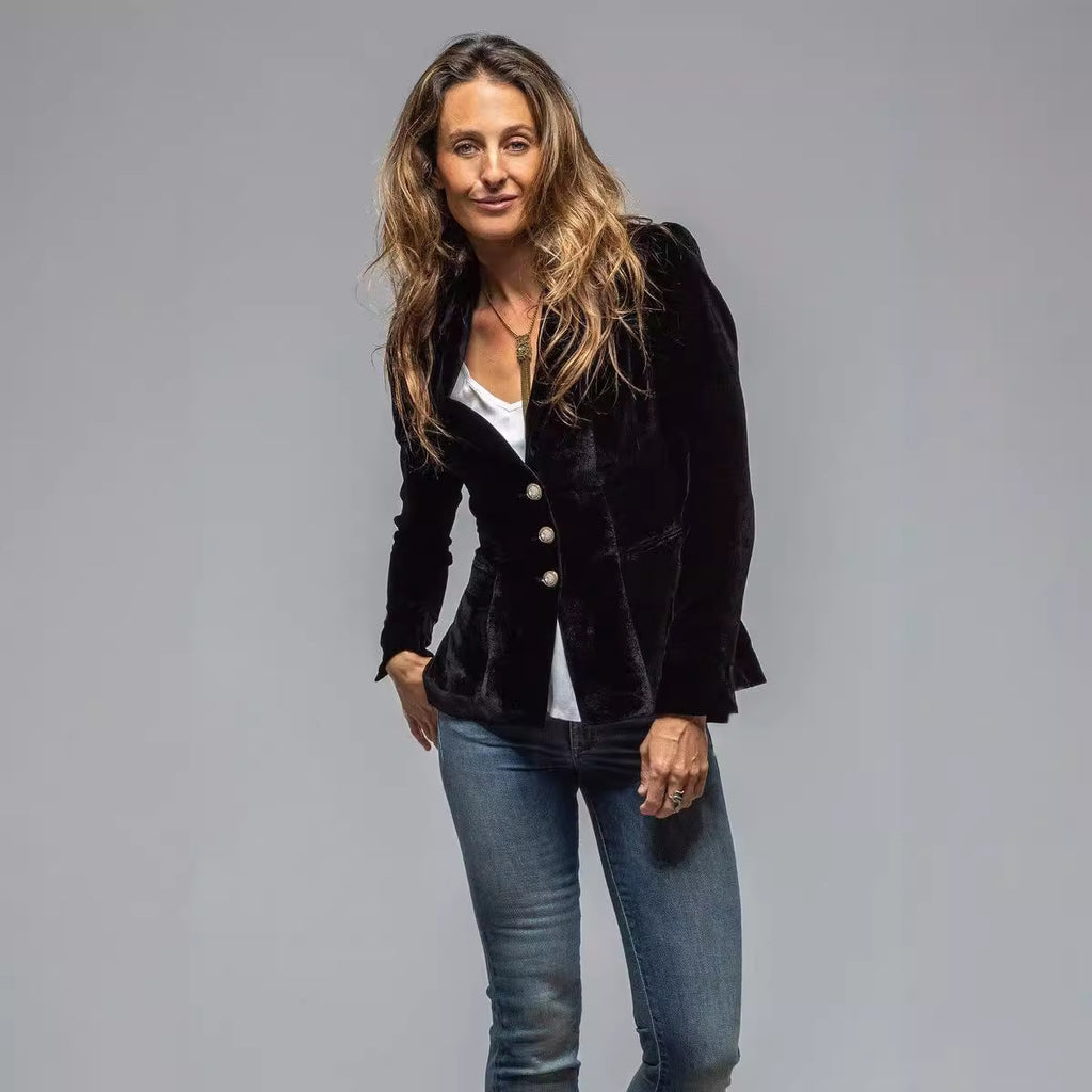 Costume élégant en velours doré pour femme, veste rétro à manches longues avec poches