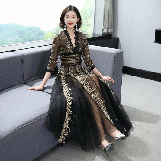 Embroidery Mesh Black Arabian Fashion Dress