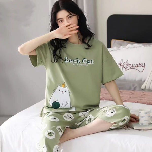 Women's Plus Size Short Sleeve Cropped Pajama Set Homewear