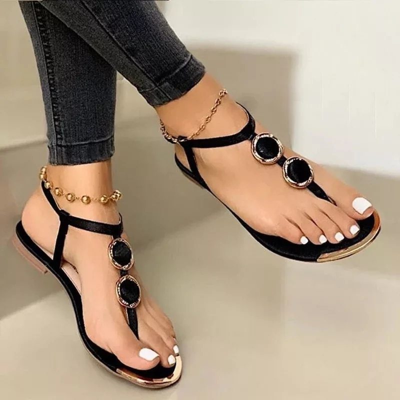 Women's Flat Summer Beach Sandals with Buckle - White, Black, Gold, Sizes 34-43