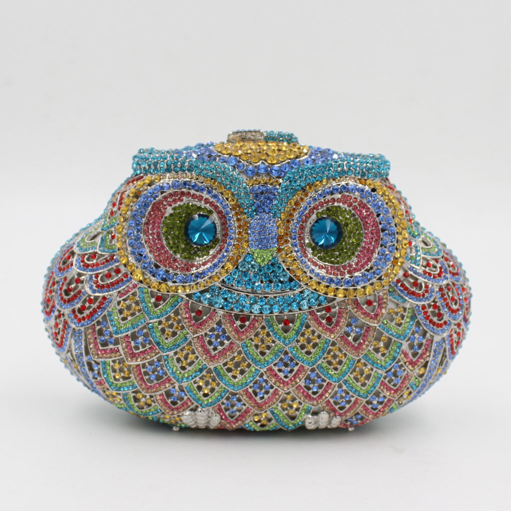 Pochette de soirée européenne et américaine pour femme en forme de hibou avec strass et diamants colorés
