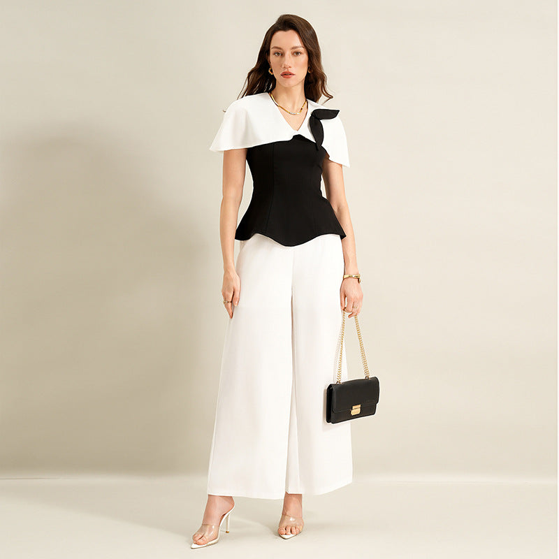 Elegant Commuter Black-and-White Color-Block Shirt Set