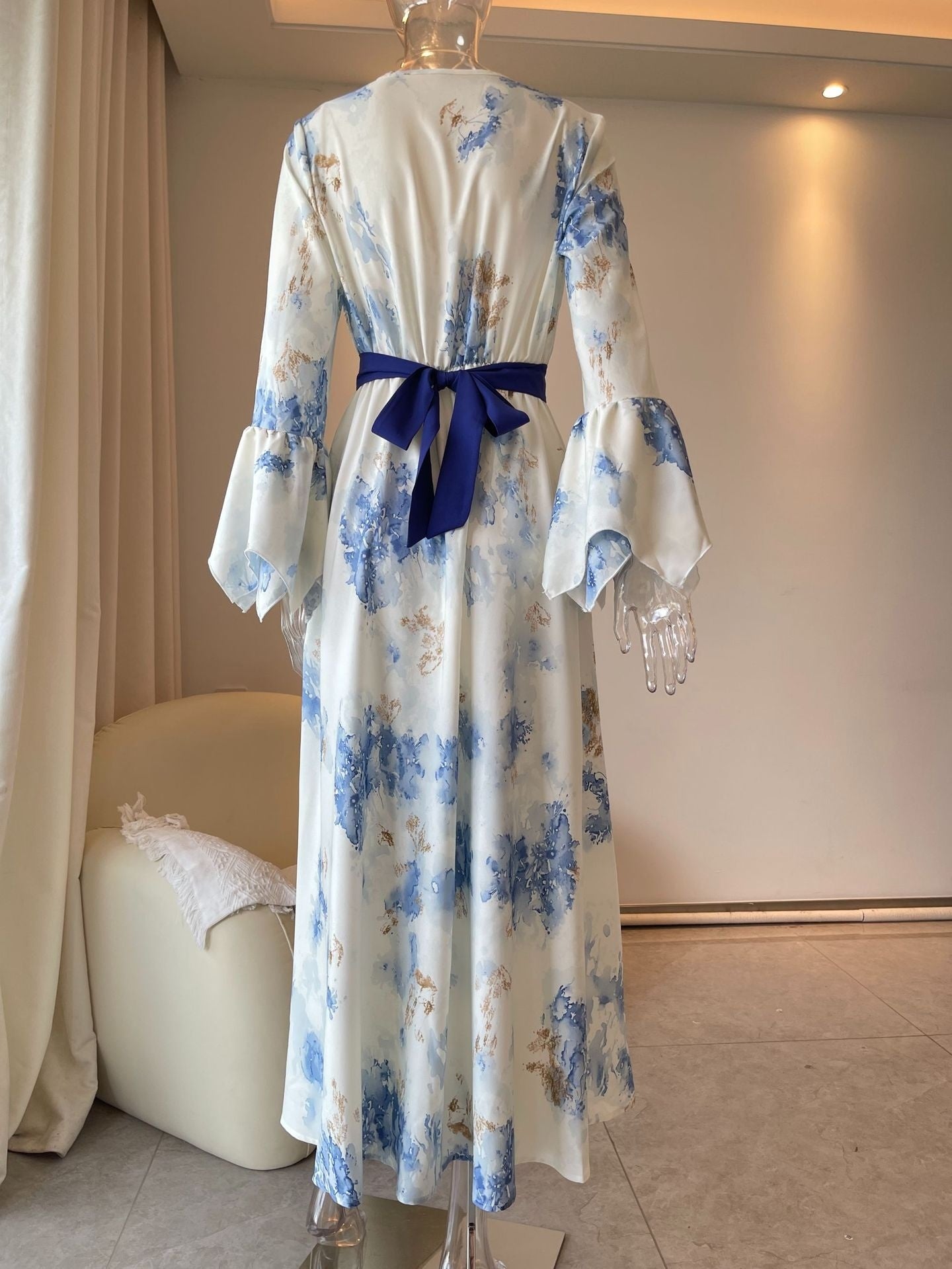 Elegant Printed High Waist Long Sleeve Mid-Length Dress for Women