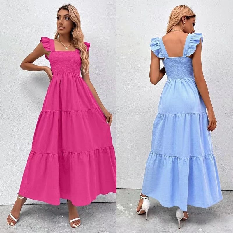 Women's Summer High Waist Backless Long Dress in Rose Red & Light Blue