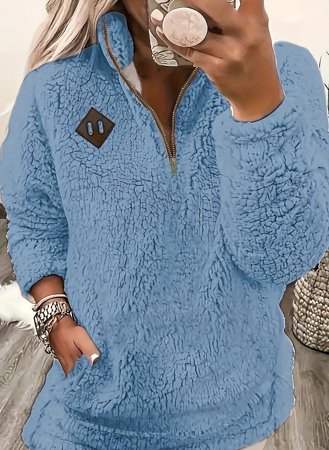 Solid Color Plush Half Zipper Pocket Pullover Sweater Top Women