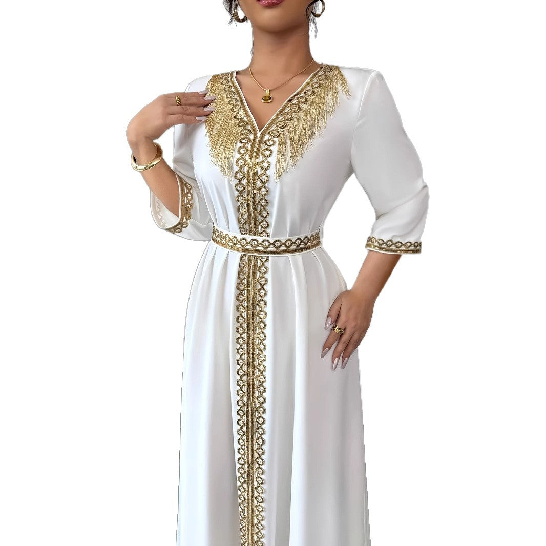Women's Lace Tassel Slim Fit Dress Muslim Robe