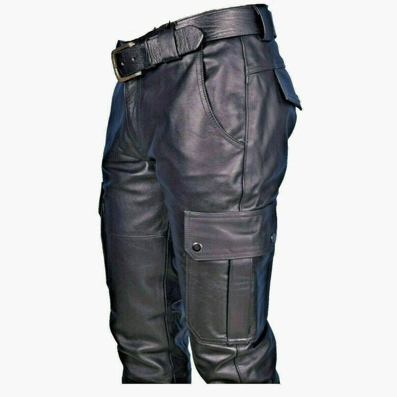 Pantalon décontracté en cuir PU noir uni pour homme