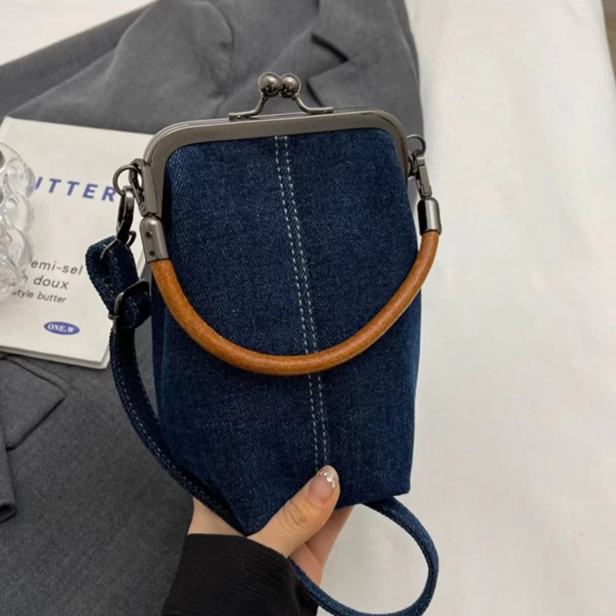 Sacoche en jean décontractée pour femme, sac à main en coton bleu 12x18x10cm