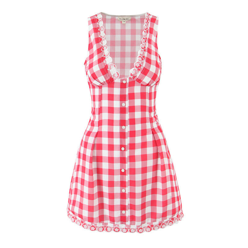 European And American Retro Sexy V-neck Plaid Dress