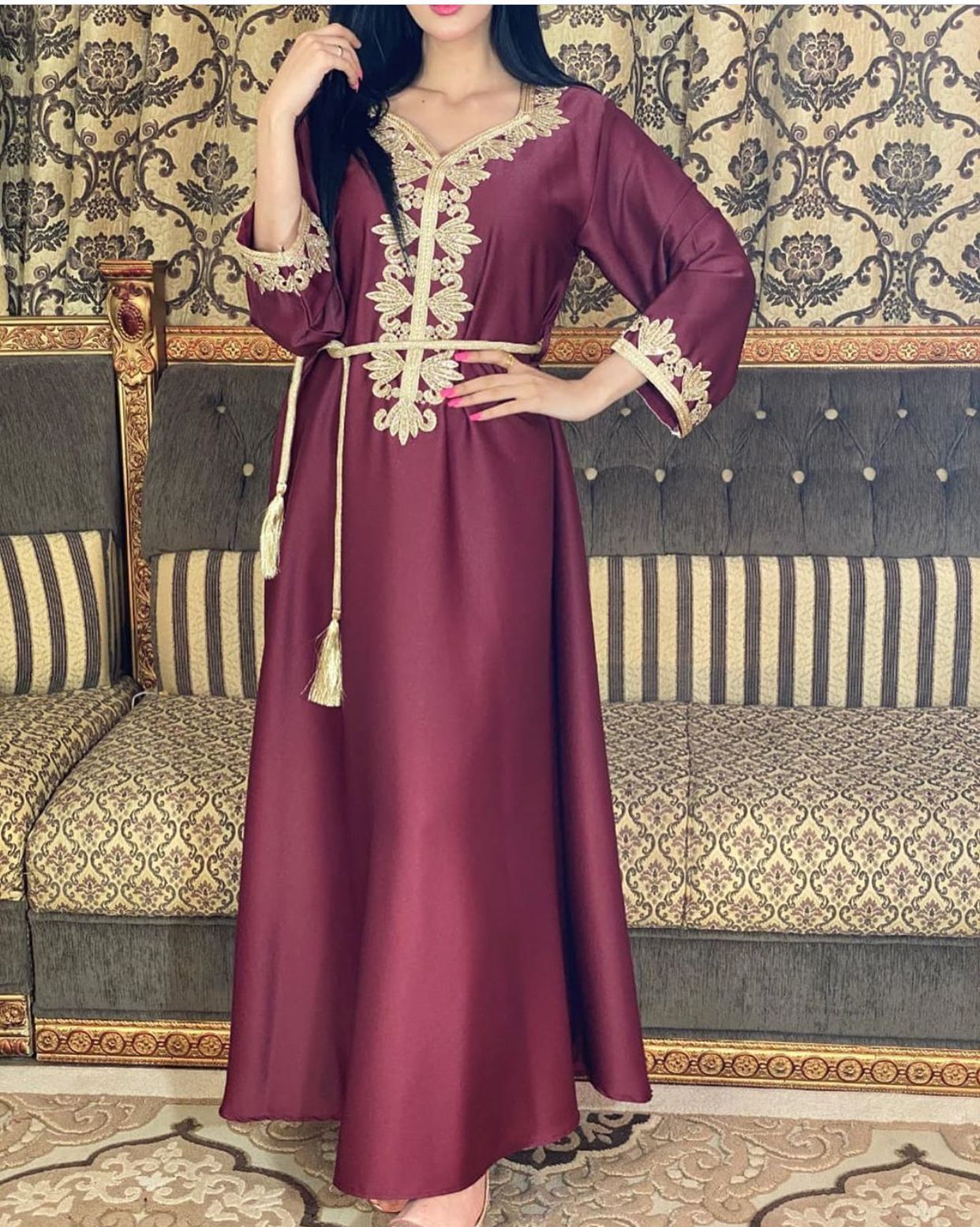 Dubai Embroidery Bronzing Lace Jalabiya Dress with Belt in Multiple Colors and Sizes