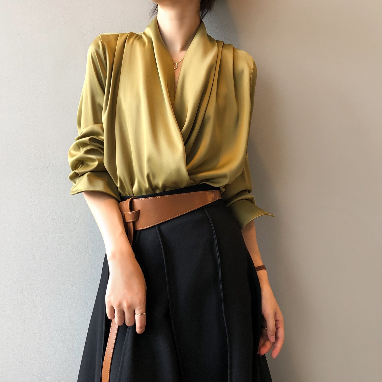 Women's Elegant White Satin V-Neck Long Sleeve Shirt