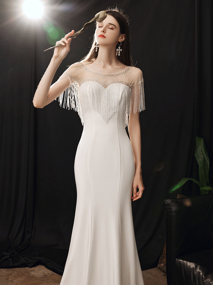 Women's Fishtail Banquet Dress – Long Skirt, White & Pink, S-XL