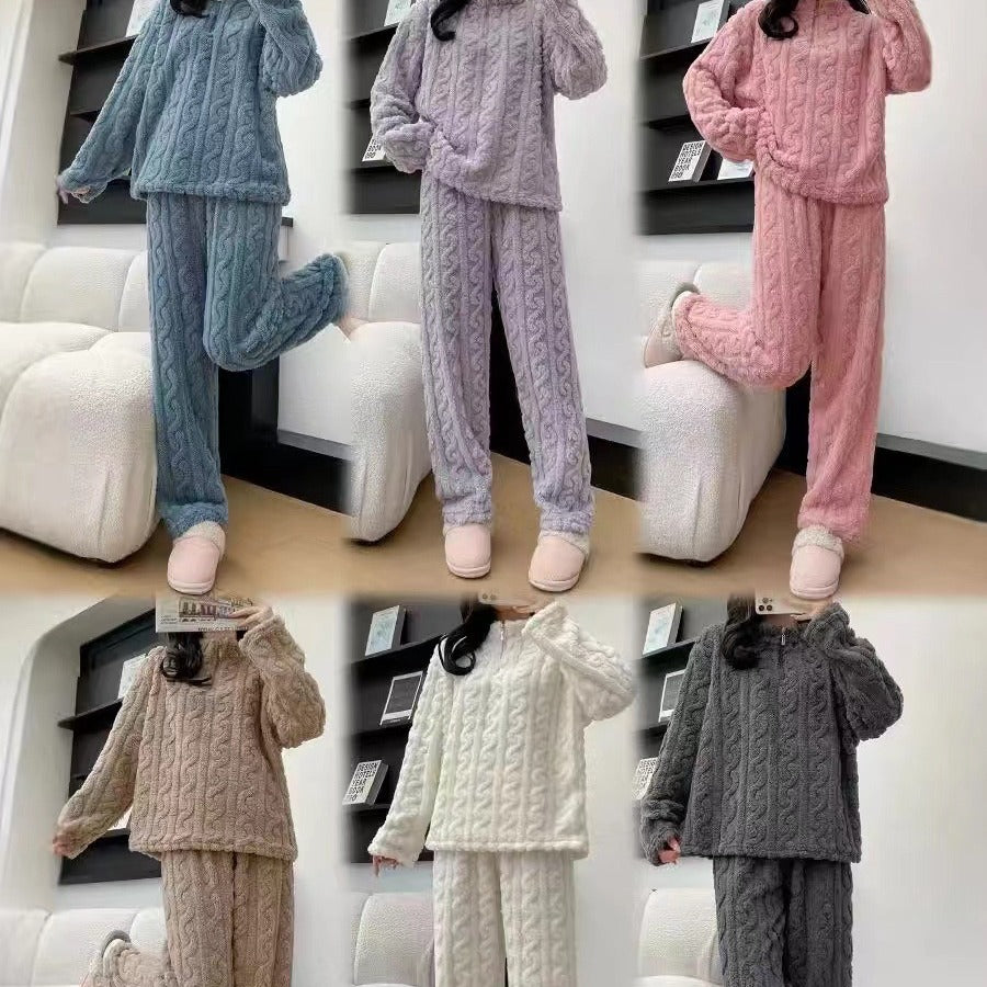 Pyjama Couple Hiver Automne en Polaire Corail Épais avec Fermeture Éclair Torsadée, Tenue d'Intérieur